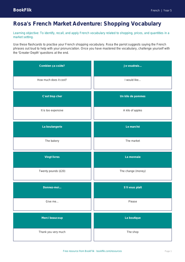 Free Shopping Flashcards | Year 5 Greater Depth | BookFlik worksheet preview — French Shopping