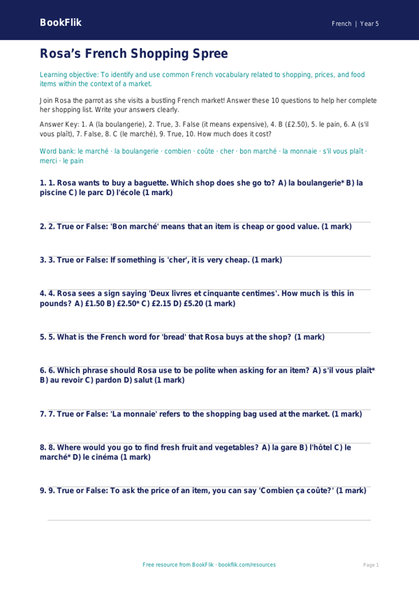 Free Shopping Quiz | Year 5 Greater Depth | BookFlik worksheet preview — French Shopping