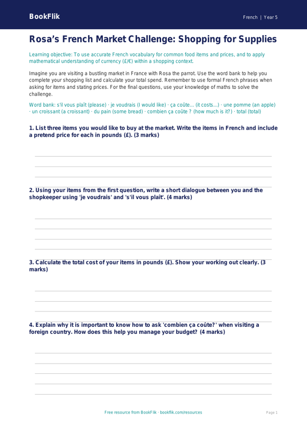 Free Shopping Template | Year 5 Greater Depth | BookFlik worksheet preview — French Shopping