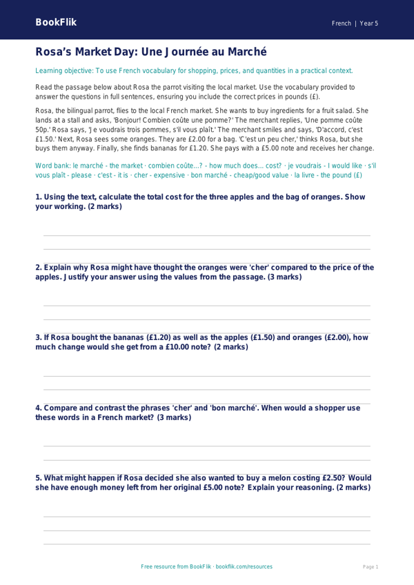 Free Shopping Track Sheet | Year 5 Greater Depth | BookFlik worksheet preview — French Shopping