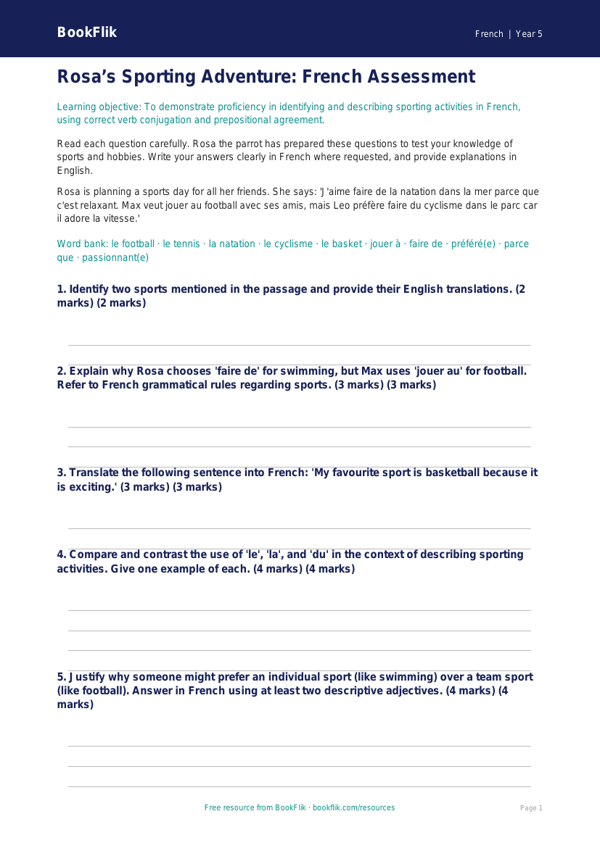 Free Sports Assessment | Year 5 Greater Depth | BookFlik worksheet preview — French Sports