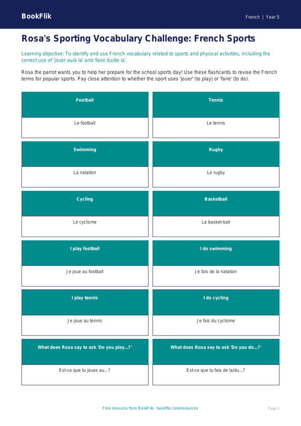 Free Sports Flashcards | Year 5 Greater Depth | BookFlik worksheet preview — French Sports