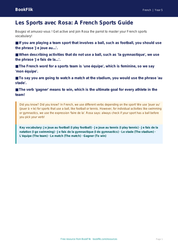 Free Sports Poster | Year 5 Greater Depth | BookFlik worksheet preview — French Sports