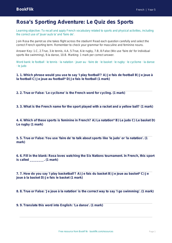 Free Sports Quiz | Year 5 Greater Depth | BookFlik worksheet preview — French Sports