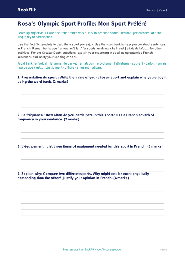 Free Sports Template | Year 5 Greater Depth | BookFlik worksheet preview — French Sports