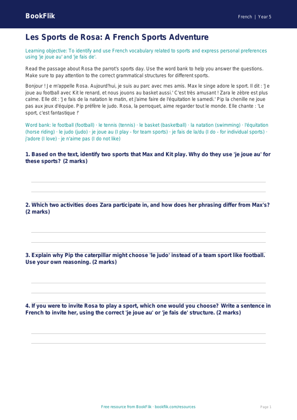 Free Sports Track Sheet | Year 5 Greater Depth | BookFlik worksheet preview — French Sports