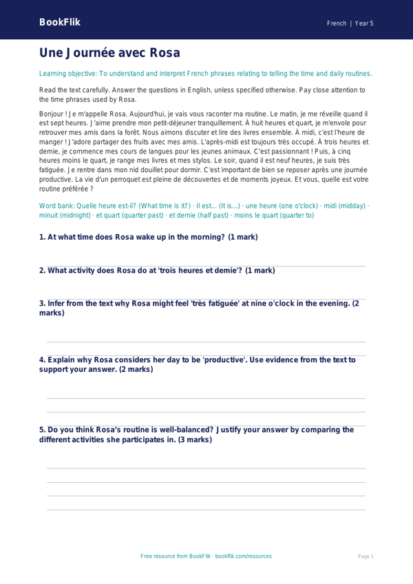 Free Telling The Time Comprehension | Year 5 Greater Depth | BookFlik worksheet preview — French Telling The Time