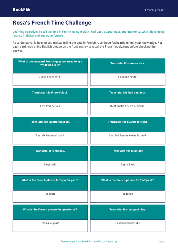 Free Telling The Time Flashcards | Year 5 Greater Depth | BookFlik worksheet preview — French Telling The Time