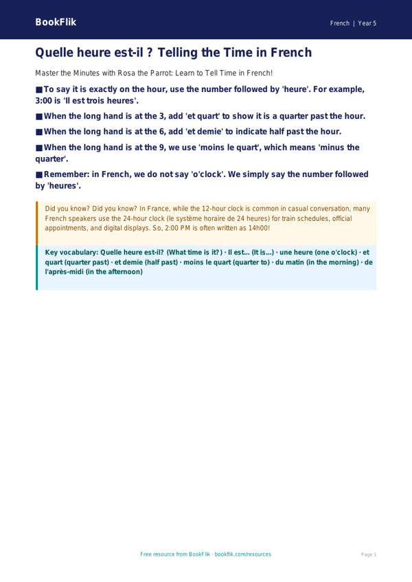 Free Telling The Time Poster | Year 5 Greater Depth | BookFlik worksheet preview — French Telling The Time