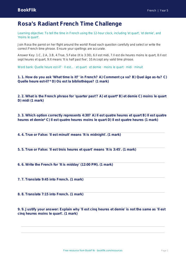 Free Telling The Time Quiz | Year 5 Greater Depth | BookFlik worksheet preview — French Telling The Time