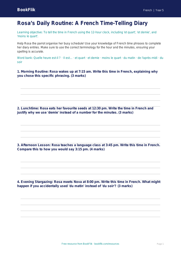 Free Telling The Time Template | Year 5 Greater Depth | BookFlik worksheet preview — French Telling The Time