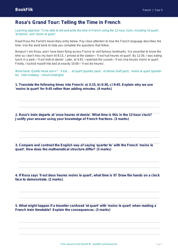 Free Telling The Time Track Sheet | Year 5 Greater Depth | BookFlik worksheet preview — French Telling The Time