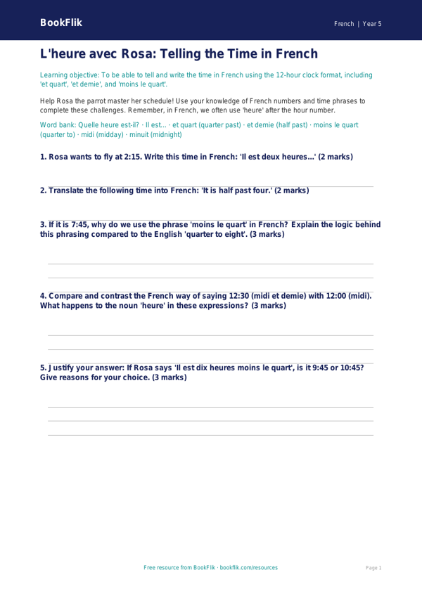 Free Telling The Time Worksheet | Year 5 Greater Depth | BookFlik worksheet preview — French Telling The Time