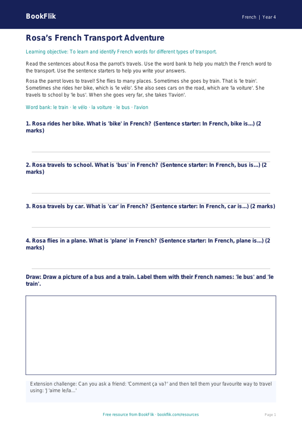 Free Transport Track Sheet | Year 4 Supported | BookFlik worksheet preview — French Transport