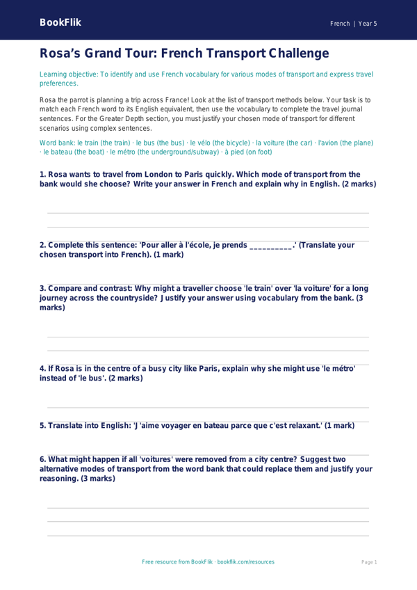 Free Transport Activity Sheet | Year 5 Greater Depth | BookFlik worksheet preview — French Transport