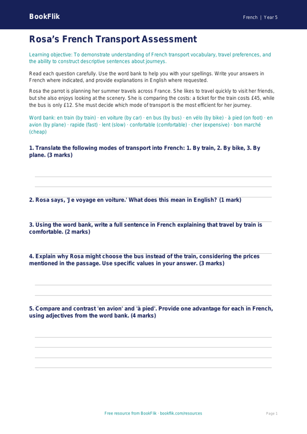 Free Transport Assessment | Year 5 Greater Depth | BookFlik worksheet preview — French Transport