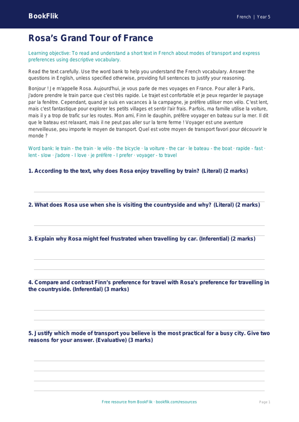 Free Transport Comprehension | Year 5 Greater Depth | BookFlik worksheet preview — French Transport