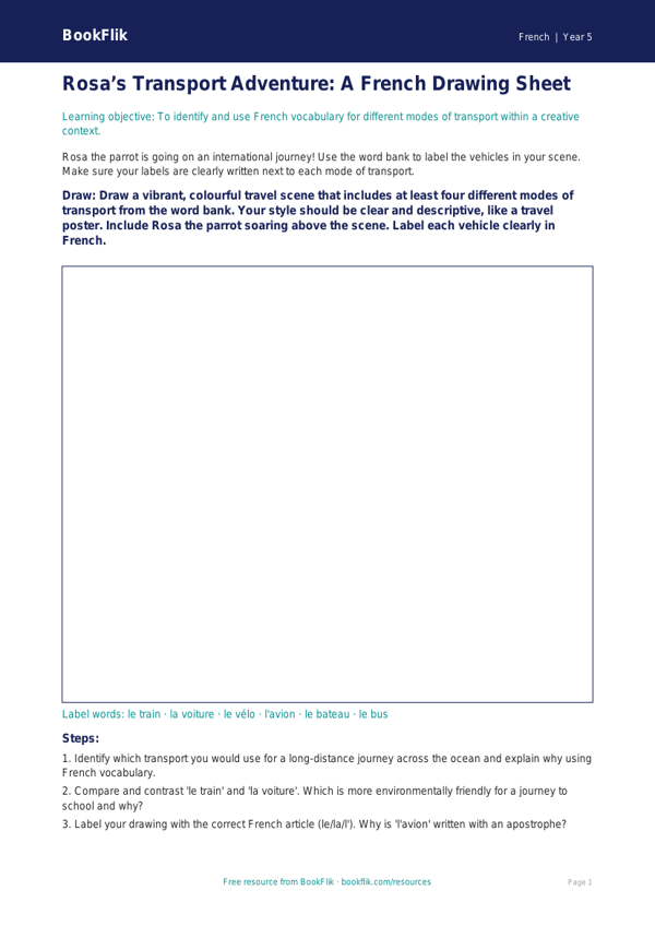 Free Transport Drawing Sheet | Year 5 Greater Depth | BookFlik worksheet preview — French Transport