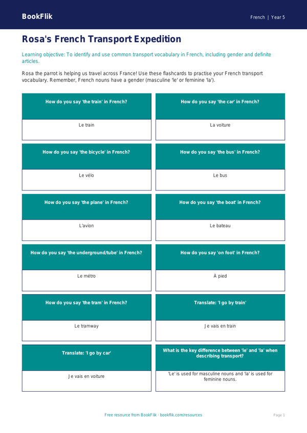 Free Transport Flashcards | Year 5 Greater Depth | BookFlik worksheet preview — French Transport