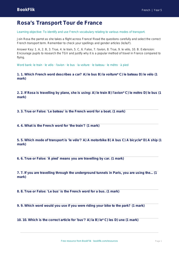 Free Transport Quiz | Year 5 Greater Depth | BookFlik worksheet preview — French Transport