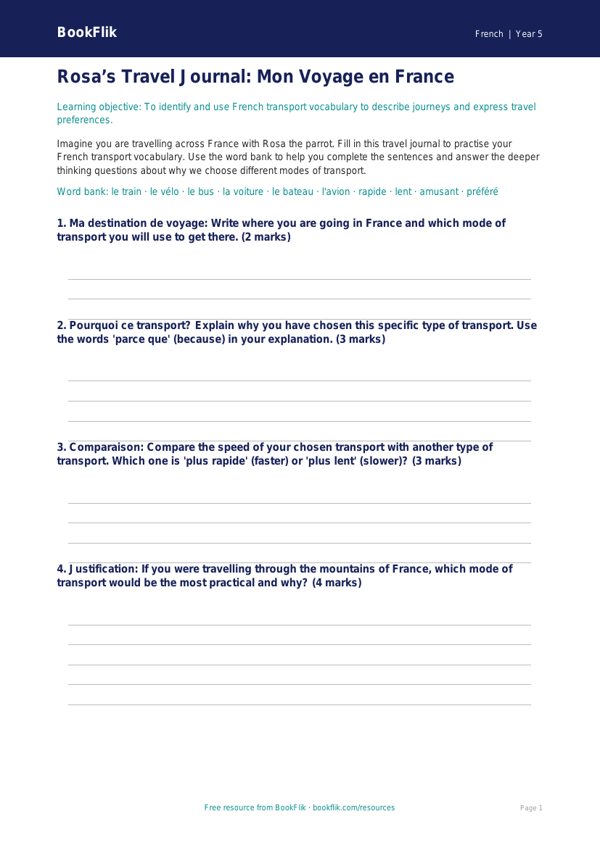 Free Transport Template | Year 5 Greater Depth | BookFlik worksheet preview — French Transport