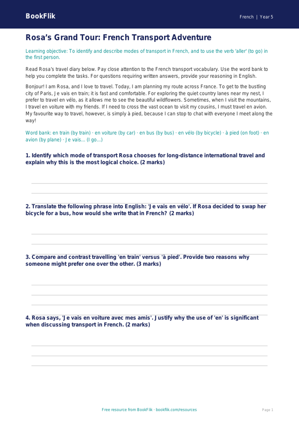 Free Transport Track Sheet | Year 5 Greater Depth | BookFlik worksheet preview — French Transport