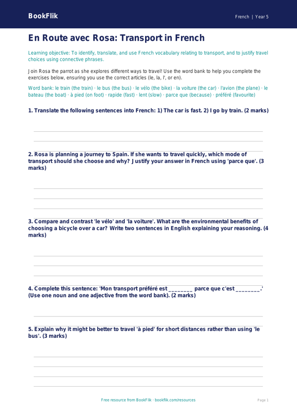 Free Transport Worksheet | Year 5 Greater Depth | BookFlik worksheet preview — French Transport