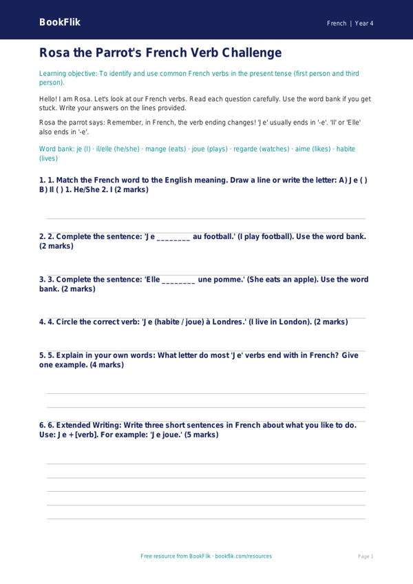 Free Verbs And Tenses Assessment | Year 4 Supported | BookFlik worksheet preview — French Verbs And Tenses