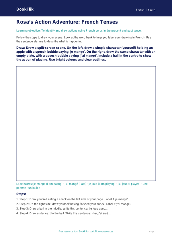 Free Verbs And Tenses Drawing Sheet | Year 4 Supported | BookFlik worksheet preview — French Verbs And Tenses