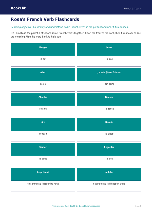 Free Verbs And Tenses Flashcards | Year 4 Supported | BookFlik worksheet preview — French Verbs And Tenses
