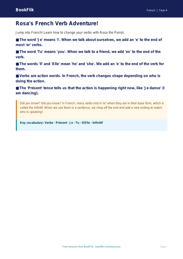 Free Verbs And Tenses Poster | Year 4 Supported | BookFlik worksheet preview — French Verbs And Tenses