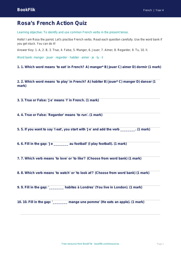 Free Verbs And Tenses Quiz | Year 4 Supported | BookFlik worksheet preview — French Verbs And Tenses