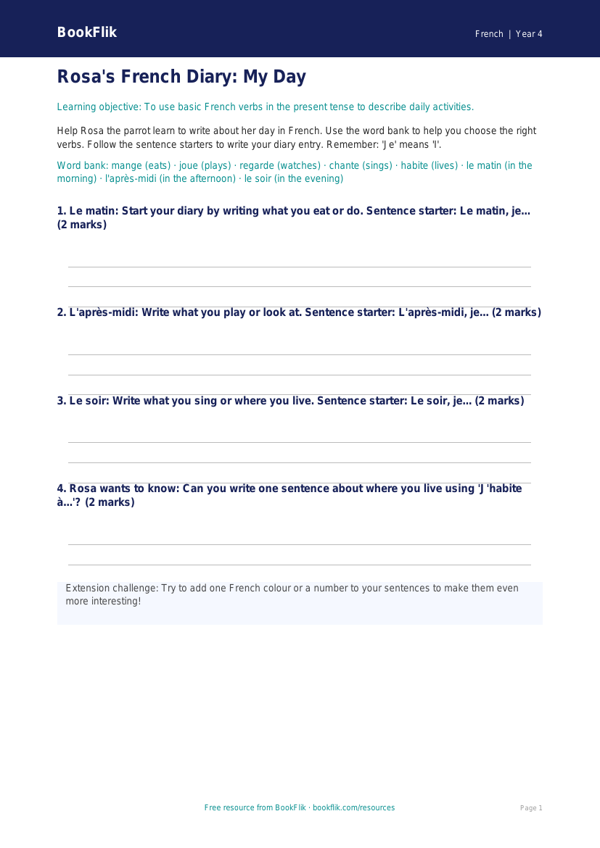 Free Verbs And Tenses Template | Year 4 Supported | BookFlik worksheet preview — French Verbs And Tenses
