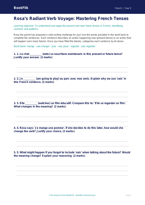 Free Verbs And Tenses Activity Sheet | Year 5 Greater Depth | BookFlik worksheet preview — French Verbs And Tenses