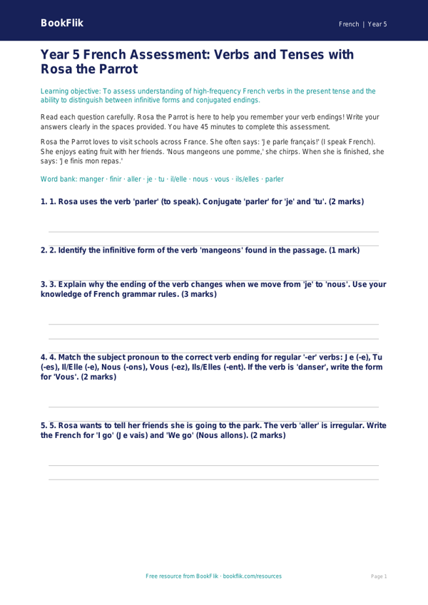 Free Verbs And Tenses Assessment | Year 5 Greater Depth | BookFlik worksheet preview — French Verbs And Tenses