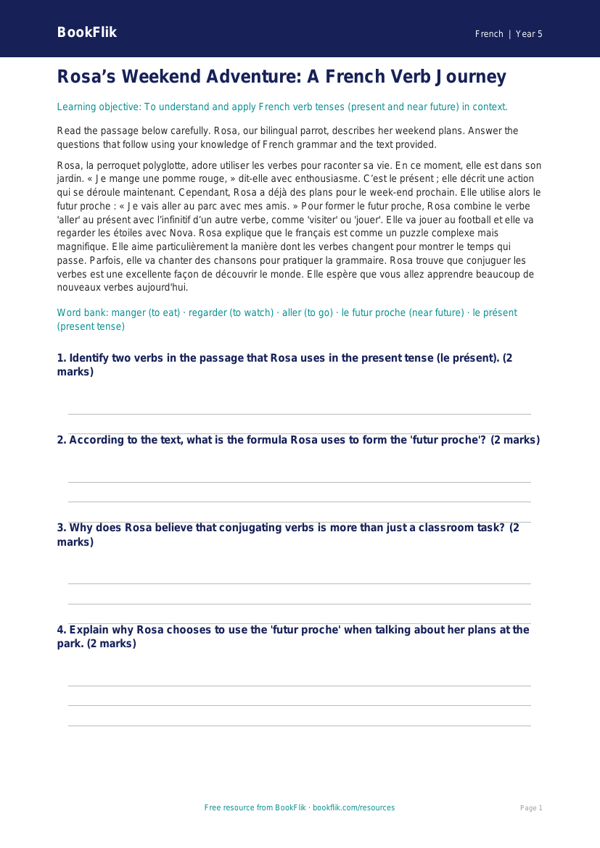 Free Verbs And Tenses Comprehension | Year 5 Greater Depth | BookFlik worksheet preview — French Verbs And Tenses