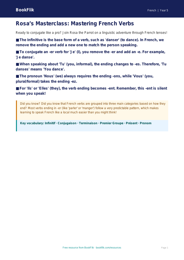 Free Verbs And Tenses Poster | Year 5 Greater Depth | BookFlik worksheet preview — French Verbs And Tenses