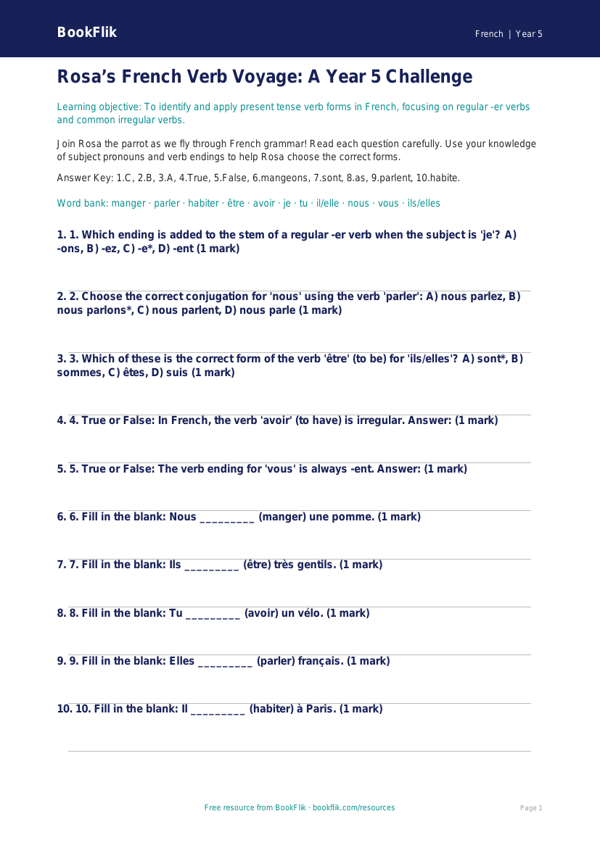 Free Verbs And Tenses Quiz | Year 5 Greater Depth | BookFlik worksheet preview — French Verbs And Tenses