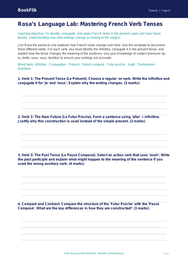 Free Verbs And Tenses Template | Year 5 Greater Depth | BookFlik worksheet preview — French Verbs And Tenses