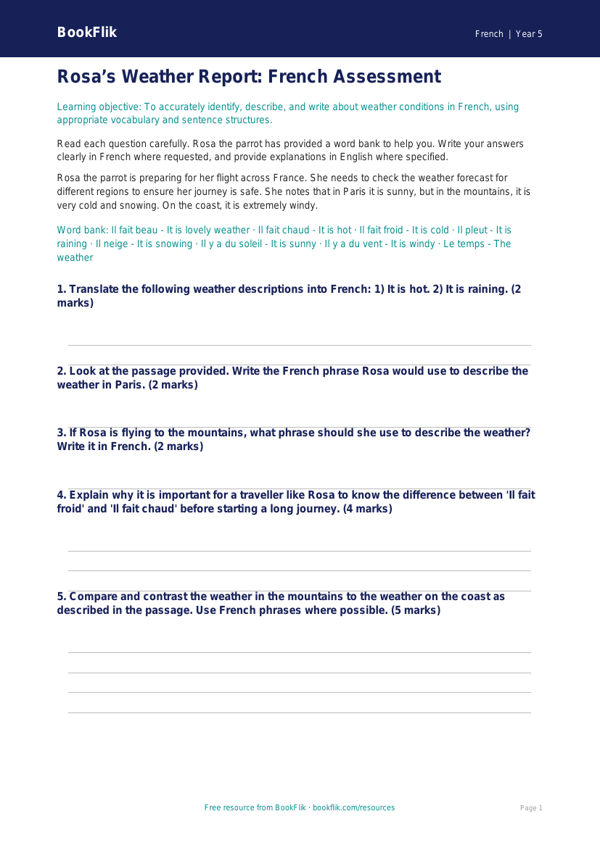Free Weather Assessment | Year 5 Greater Depth | BookFlik worksheet preview — French Weather