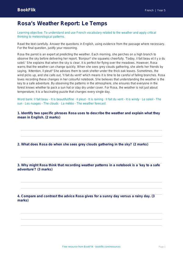 Free Weather Comprehension | Year 5 Greater Depth | BookFlik worksheet preview — French Weather