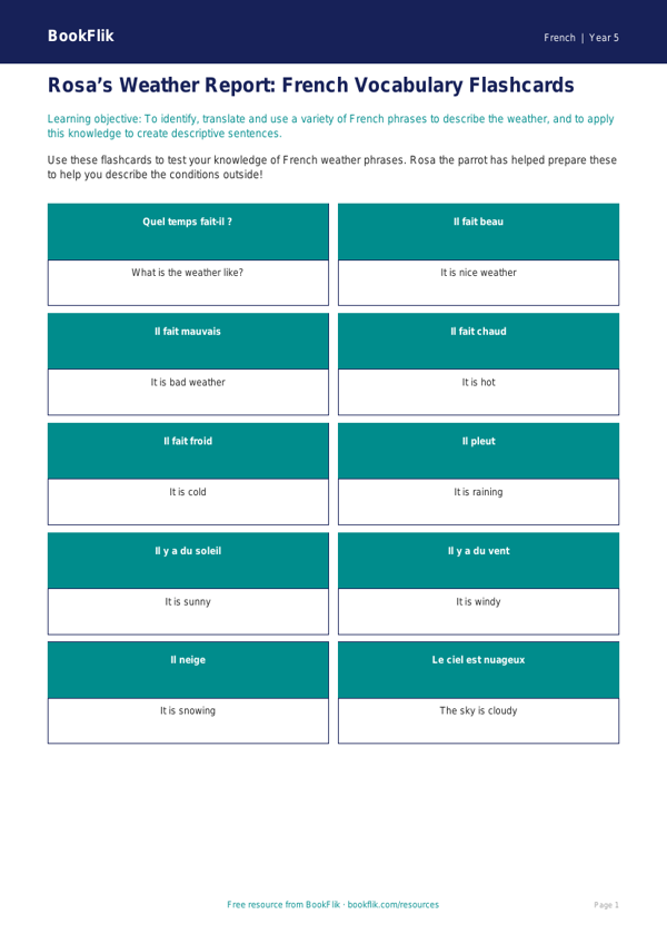 Free Weather Flashcards | Year 5 Greater Depth | BookFlik worksheet preview — French Weather