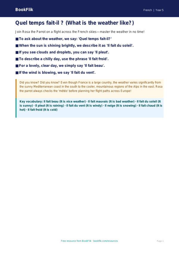 Free Weather Poster | Year 5 Greater Depth | BookFlik worksheet preview — French Weather