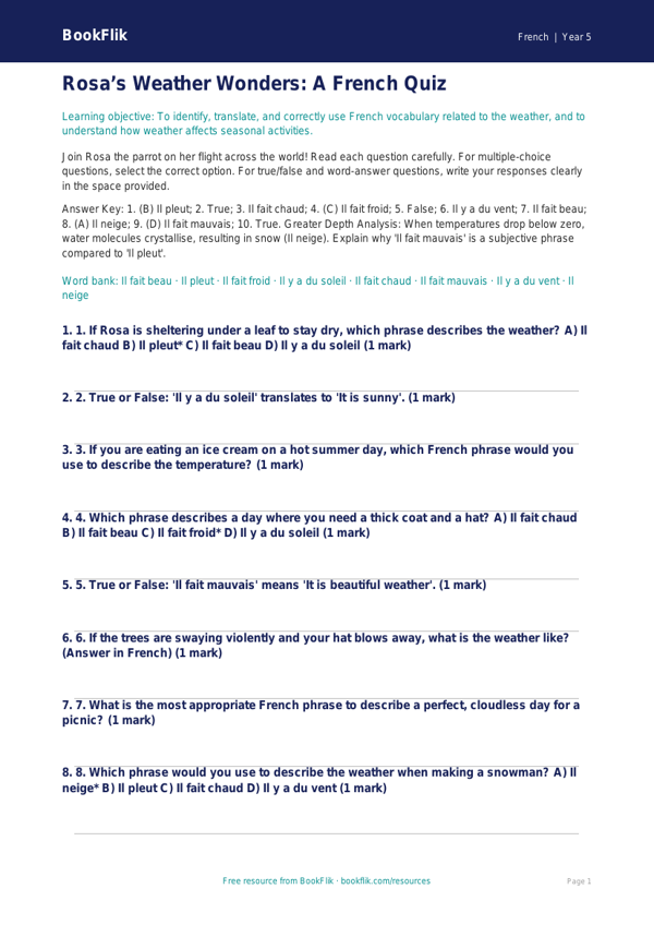 Free Weather Quiz | Year 5 Greater Depth | BookFlik worksheet preview — French Weather