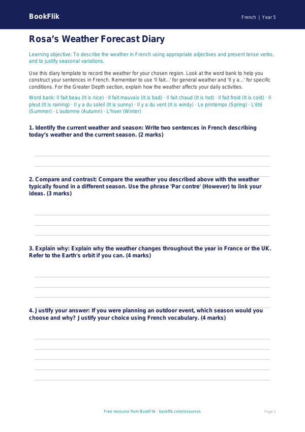 Free Weather Template | Year 5 Greater Depth | BookFlik worksheet preview — French Weather