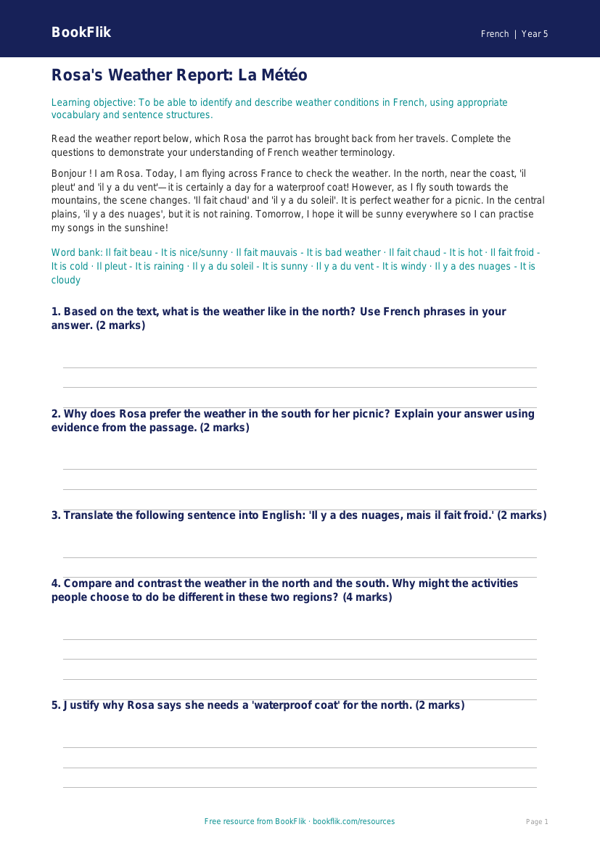 Free Weather Track Sheet | Year 5 Greater Depth | BookFlik worksheet preview — French Weather