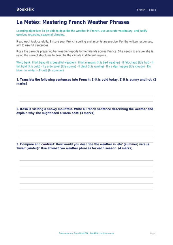 Free Weather Worksheet | Year 5 Greater Depth | BookFlik worksheet preview — French Weather