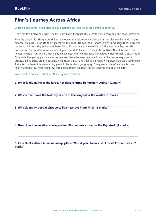 Free Africa Comprehension | Year 4 Supported | BookFlik worksheet preview — Geography Africa