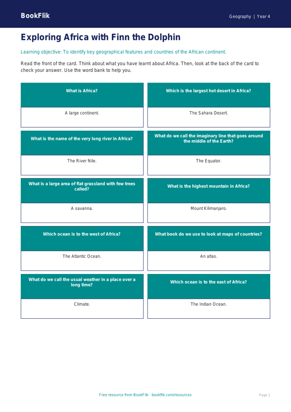 Free Africa Flashcards | Year 4 Supported | BookFlik worksheet preview — Geography Africa