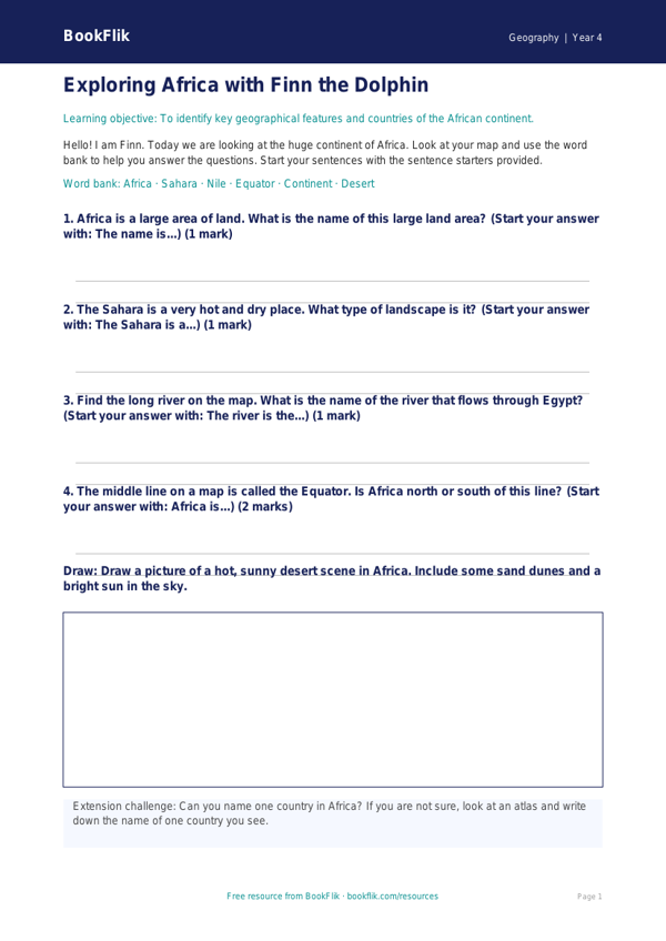 Free Africa Worksheet | Year 4 Supported | BookFlik worksheet preview — Geography Africa